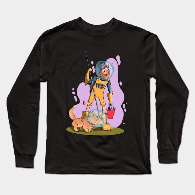 Space Fisherman and Doggy Long Sleeve T-Shirt by ArtEscapist